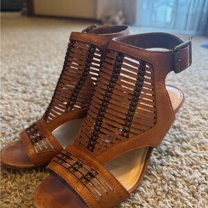 Women's Shoes - VINCE CAMUTO 3" Stacked Heel Ankle Strap Brown Sandal - 5 1/2